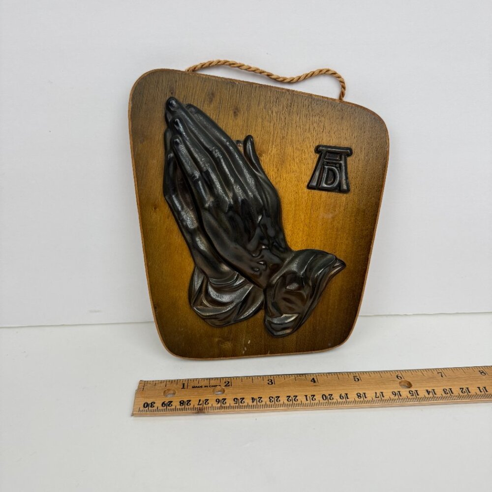 Vtg 1960s Bronze Praying Hands Albrecht Durer Germany‎ on Wood Plaque Religious